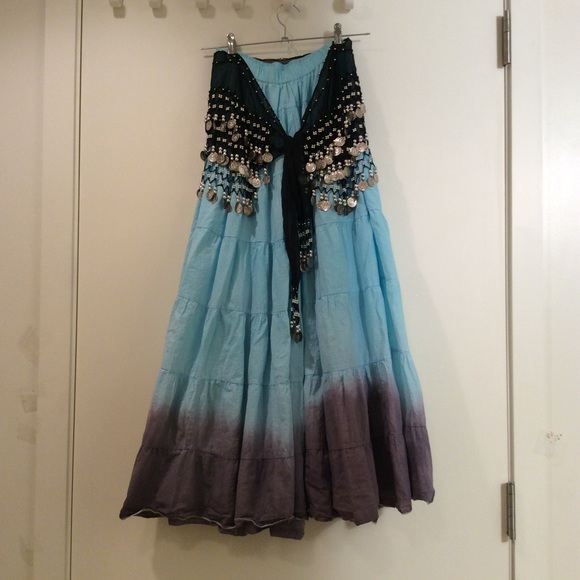 🌸 2PC BLUE MAXI SKIRT GYPSY FLARE WITH COIN BELT - Picture 5 of 8